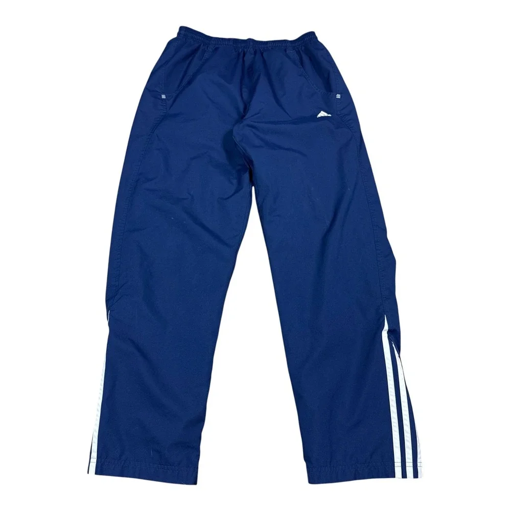 Vintage 2001 Adidas Navy Blue Striped Nylon Track Pants Men's Medium FLAWS